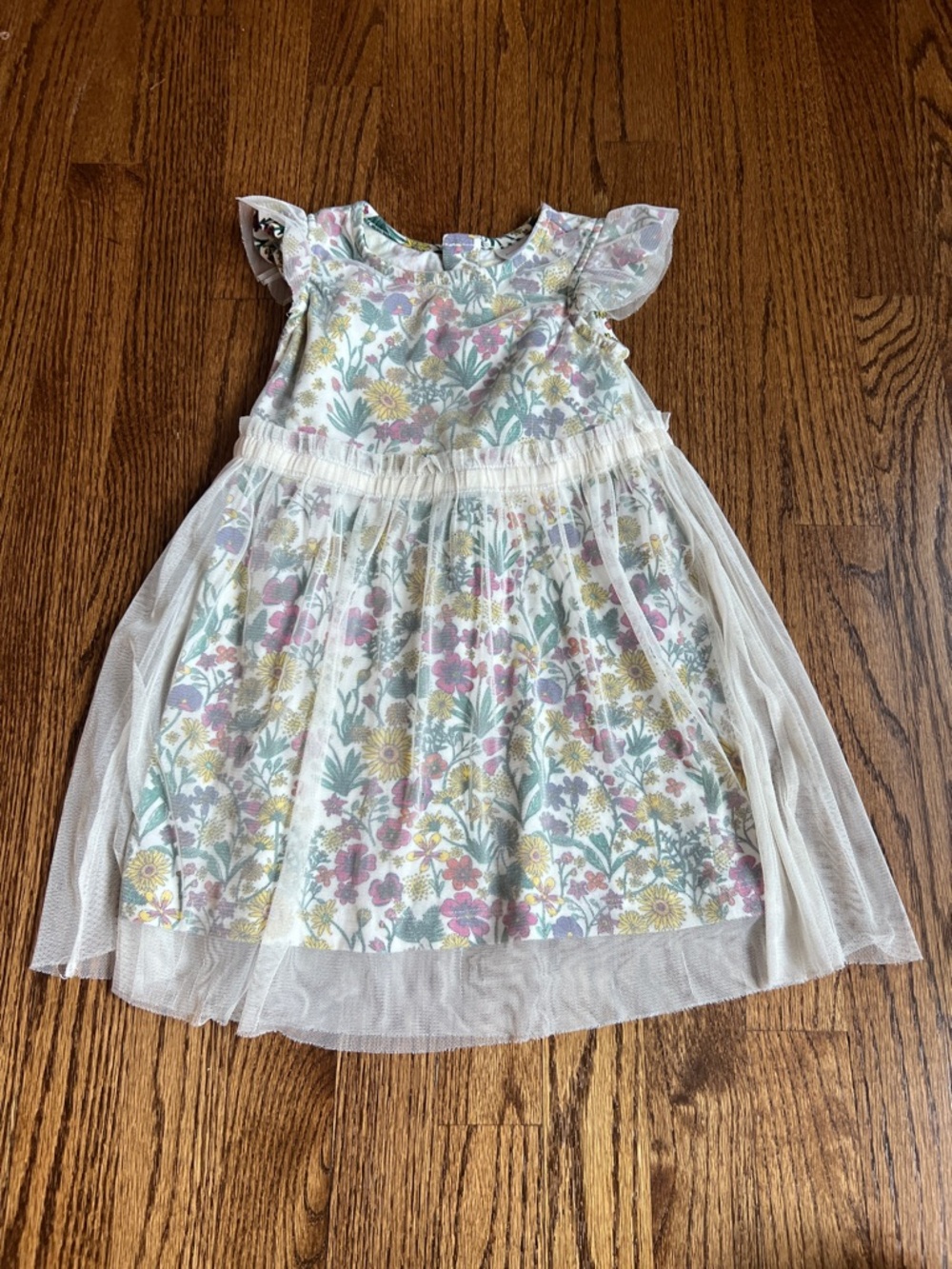 Hanna Andersson Floral Tulle Dress in White with Pink, Yellow & Green